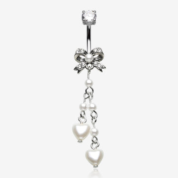 Dainty Bow-Tie Pearlescent Hearts Dangle Belly Button Ring-Clear Gem/White